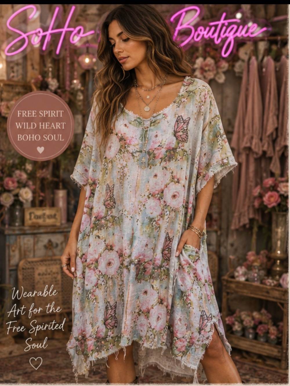 A Rare Bird Butterfly Linen Tunic Dress